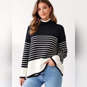 Blu Pepper Black and Cream Striped Turtleneck Sweater